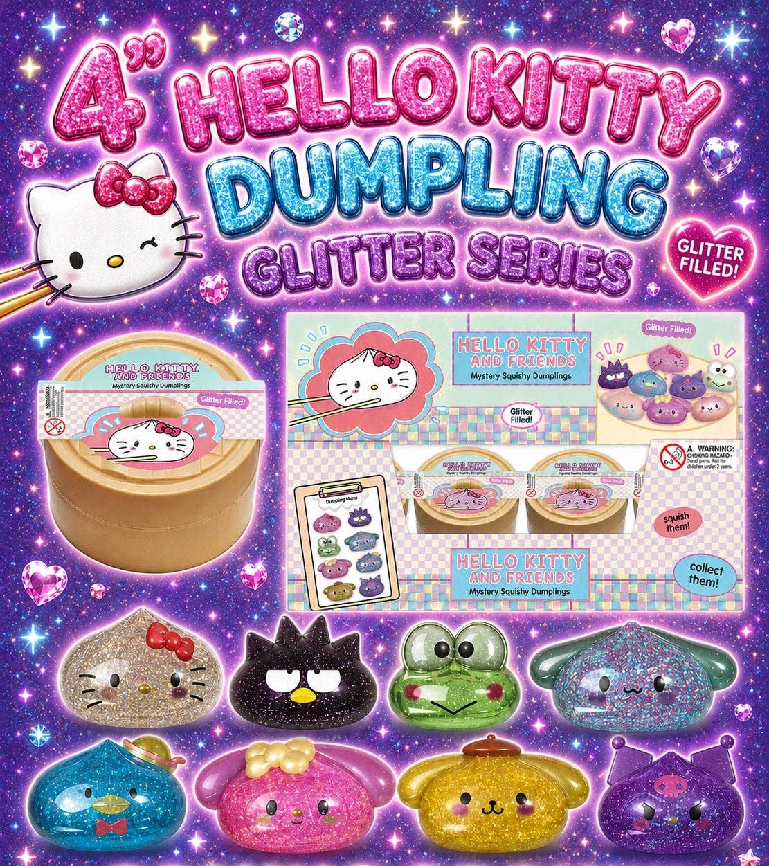 Hello Kitty And Friends Mystery Squishy Dumpling Glitter Collection Fidget Toy