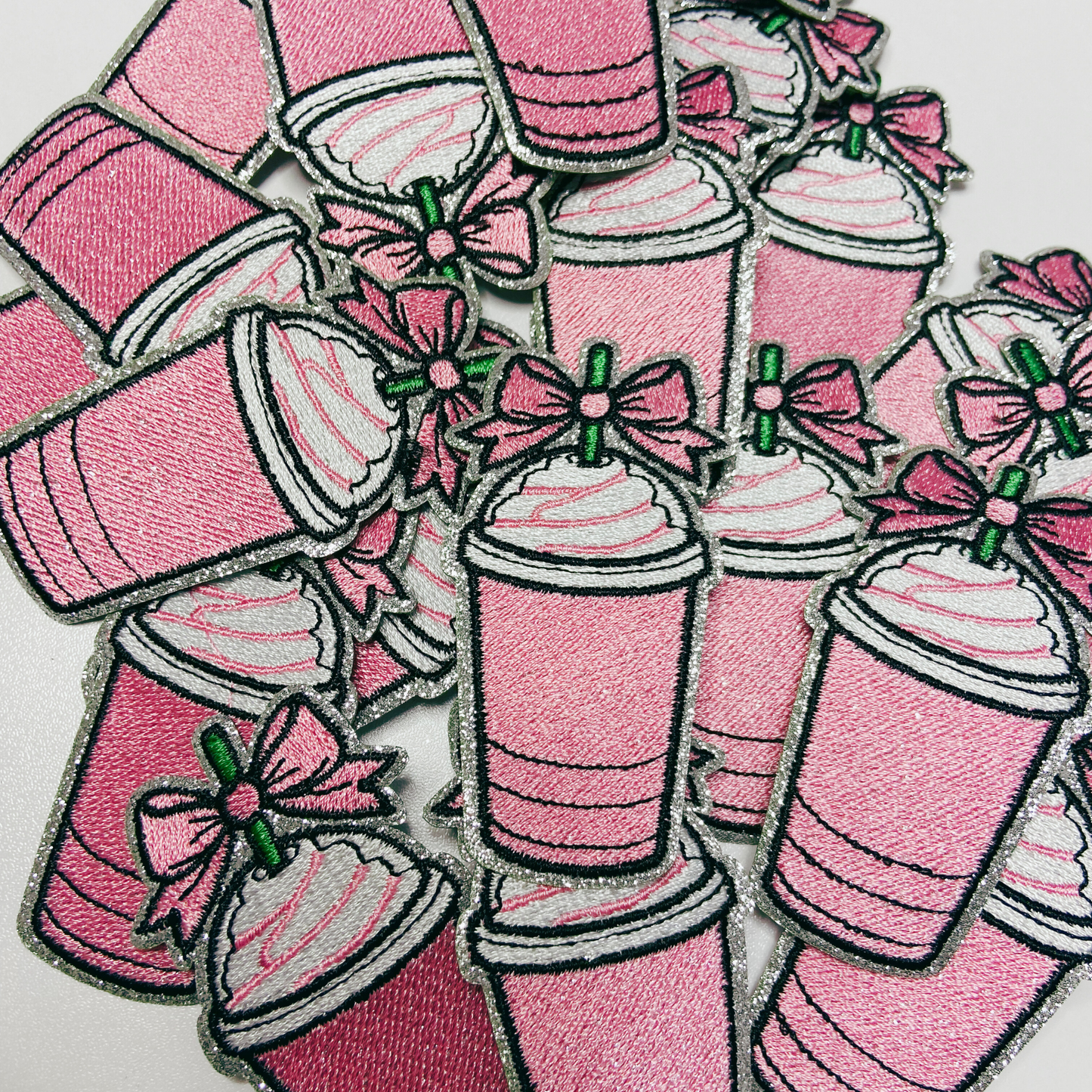 3"  Pink COFFEE w Bow  - Embroidered Hat Patch