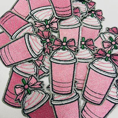3"  Pink COFFEE w Bow  - Embroidered Hat Patch